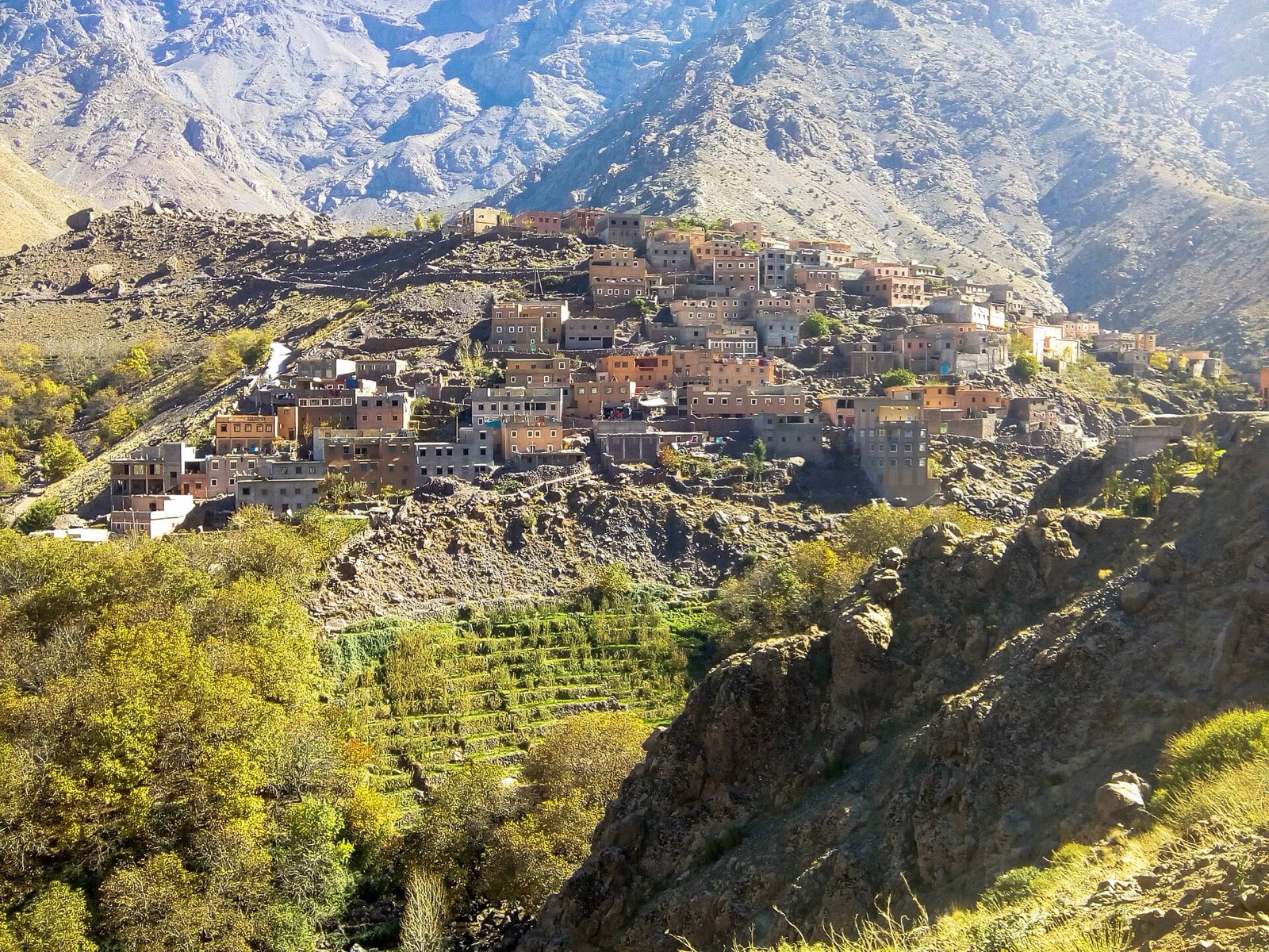 Imlil, a village of earth houses on a slope of the High Atlas